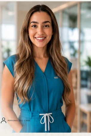 Hanan Belkhair, naturopath, wearing teal scrubs
