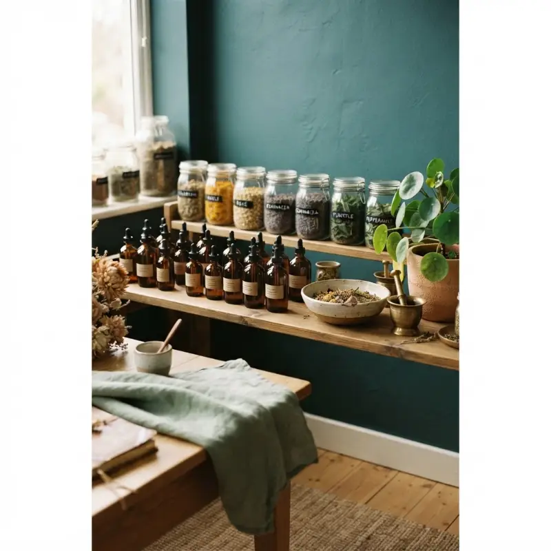 A naturopathy consultation corner with herbal tinctures and jars of dried herbs on a wooden shelf