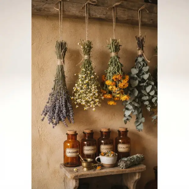 Bundles of dried herbs and botanicals with amber bottles on a warm dispensary wall