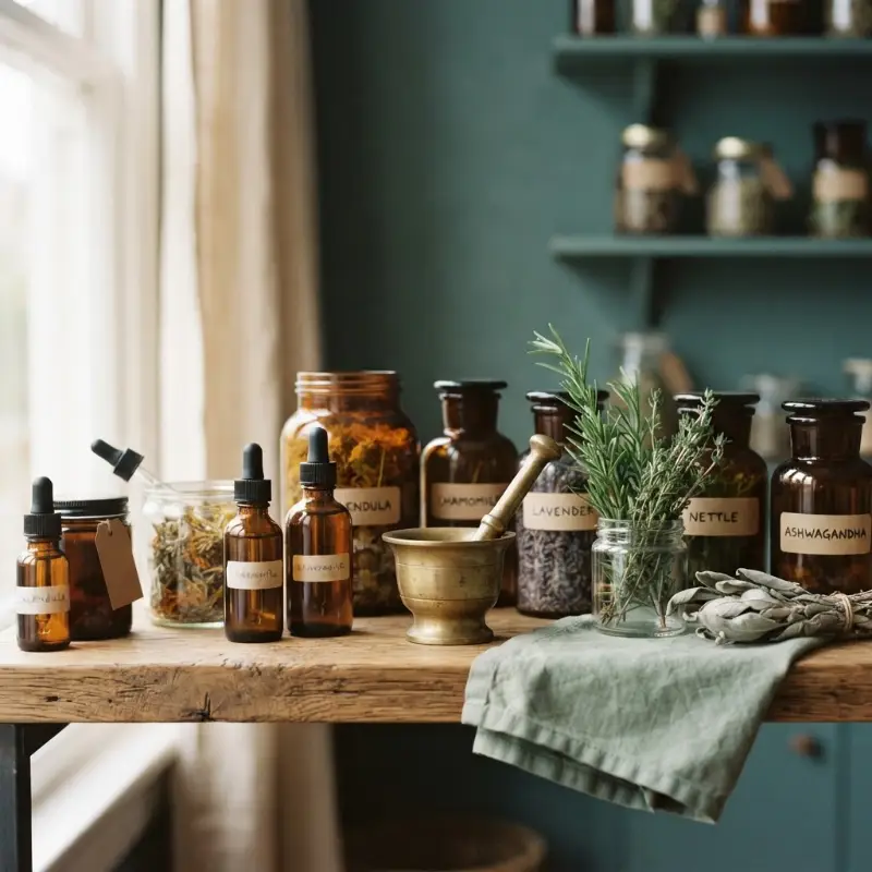 Amber apothecary bottles, herbal tinctures and jars of dried botanicals on a dispensary shelf